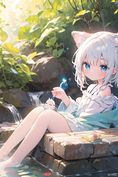 masterpiece,best quality,1girl,gentle and quiet,full body,fox ears,blue eyes,white hair,long hair,outdoors,onsen,play with/in water,