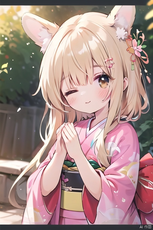 1girl, solo, long hair, looking at viewer, blush, smile, bangs, blonde hair, hair ornament, long sleeves, animal ears, hair between eyes, brown eyes, closed mouth, upper body, flower, outdoors, one eye closed, japanese clothes, day, tongue, hair flower, tongue out, wide sleeves, kimono, rabbit ears, blurry, tree, hands up, dutch angle, depth of field, blurry background, light brown hair, own hands together, pink flower, white kimono