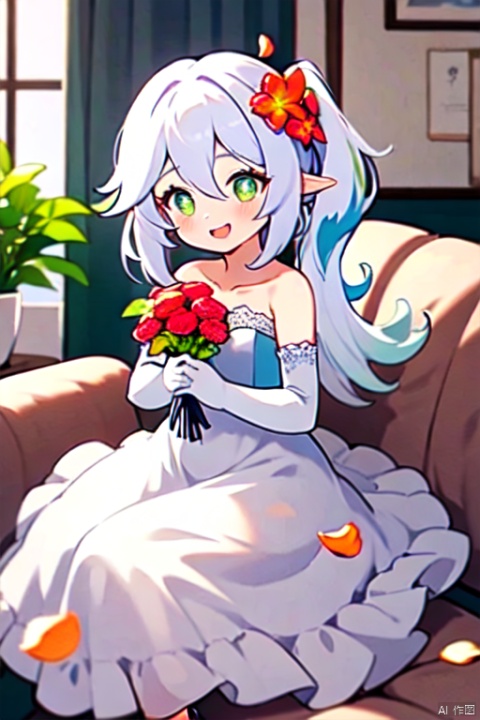  1girl, dress, solo, nahida, flower, looking at viewer, wedding dress, gloves, purple flower, smile, petals, elbow gloves, hair ornament, white dress, bare shoulders, white gloves, holding, bouquet, collarbone, strapless dress, couch, strapless,happy,full_body
