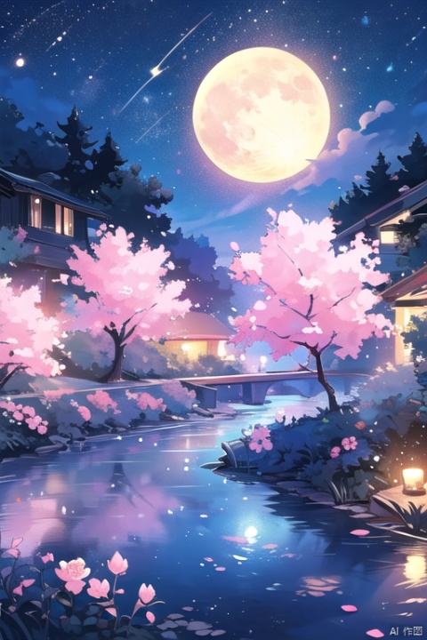 outdoors,full moon,night,flower,cherry blossoms,sky,tree,pink flower flying around,night sky,no humans,masterpiece,illustration,extremely fine and beautiful,perfect details,stream,
