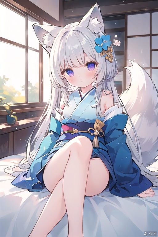 1girl, solo, long hair, breasts, looking at viewer, bangs, hair ornament, animal ears, bare shoulders, sitting, closed mouth, purple eyes, tail, flower, grey hair, thighs, small breasts, japanese clothes, open clothes, indoors, hair flower, kimono, off shoulder, flat chest, animal ear fluff, fox ears, window, fox tail, crossed legs, fox girl, blue kimono, hair censor, hair over breasts, shinano \(azur lane\)