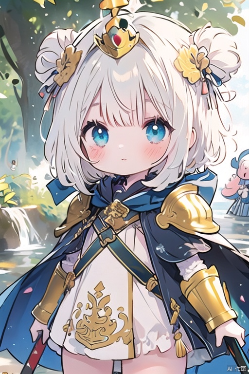 solo, 1girl, holding, weapon, white hair, male focus, multicolored hair, sword, chibi, cape, holding weapon, armor, facial hair, holding sword, crown, beard, dragon
