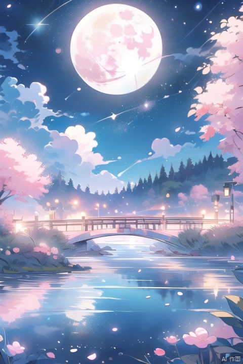  outdoors,full moon,night,flower,cherry blossoms,sky,tree,pink flower flying around,night sky,no humans,masterpiece,illustration,extremely fine and beautiful,perfect details,stream,
