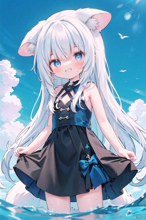  1girl, solo, long hair, animal ears, smile, animal ear fluff, dress, grin, looking at viewer, very long hair, bangs, sky, water, sleeveless, hair between eyes, blue eyes, white dress, day, tail, blue sky, white hair, sleeveless dress, blush, outdoors, fox ears, cloud, ears down