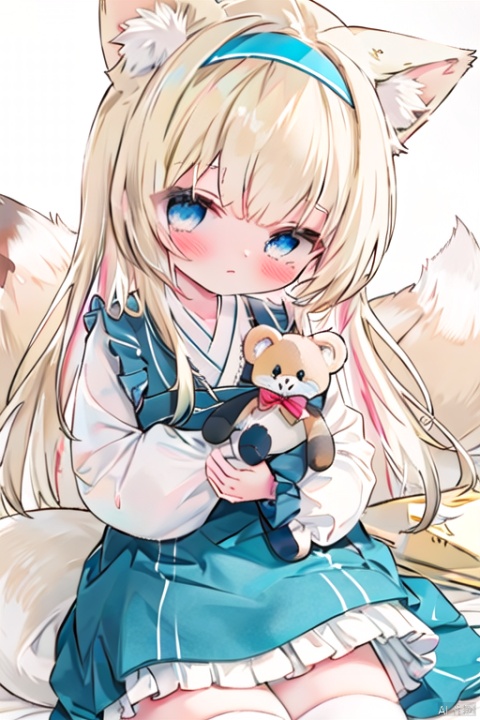 1girl, solo, long hair, looking at viewer, blush, bangs, blue eyes, blonde hair, shirt, thighhighs, long sleeves, white background, dress, bow, holding, animal ears, closed mouth, tail, white shirt, white hair, hair bow, multicolored hair, hairband, frills, striped, black thighhighs, two side up, animal ear fluff, fox ears, blue dress, fox tail, blue bow, stuffed toy, frilled dress, stuffed animal, fox girl, multiple tails, puffy long sleeves, teddy bear, striped bow, object hug, blue hairband, holding stuffed toy, kitsune, kyuubi, suzuran \(arknights\)