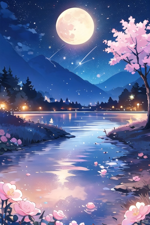  outdoors,full moon,night,flower,cherry blossoms,sky,tree,pink flower flying around,night sky,no humans,masterpiece,illustration,extremely fine and beautiful,perfect details,stream,
