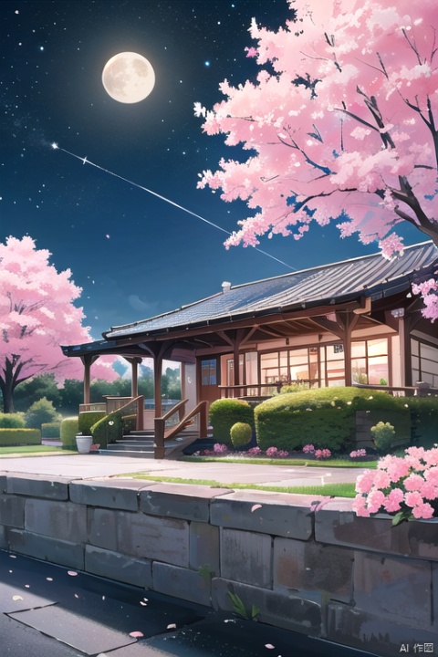  moon,outdoors,full moon,night，flowers，Cherry blossoms，sky，tree，pink flower around，night sky，no human,masterpiece，illustration，extremely fine and beautiful，perfect details，stream