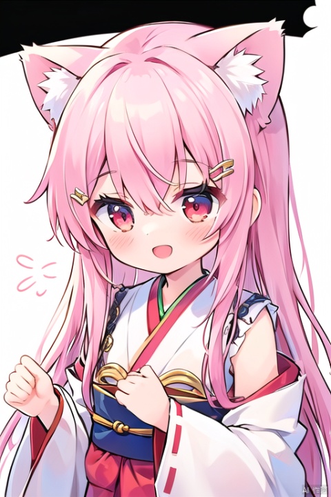 1girl, solo, long hair, blush, smile, open mouth, bangs, hair ornament, red eyes, long sleeves, white background, animal ears, hair between eyes, very long hair, upper body, pink hair, :d, japanese clothes, hairclip, virtual youtuber, cat ears, hand up, wide sleeves, kimono, chibi, animal ear fluff, sleeves past wrists, looking away, traditional media, looking up, ribbon trim, sleeves past fingers, ribbon-trimmed sleeves, white kimono, miko, shiina yuika