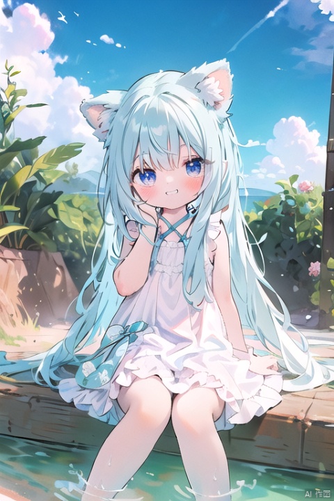  1girl, solo, long hair, animal ears, smile, animal ear fluff, dress, grin, looking at viewer, very long hair, bangs, sky, water, sleeveless, hair between eyes, blue eyes, white dress, day, tail, blue sky, white hair, sleeveless dress, blush, outdoors, fox ears, cloud, ears down, cuteloli, cozy anime