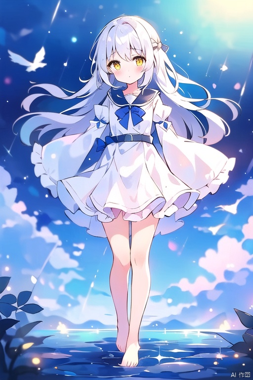 1girl, solo, long hair, looking at viewer, blush, bangs, long sleeves, dress, standing, full body, yellow eyes, white hair, frills, barefoot, wide sleeves, white dress,  sleeves past wrists, bare legs, copyright name, bird, hair intakes, sleeves past fingers