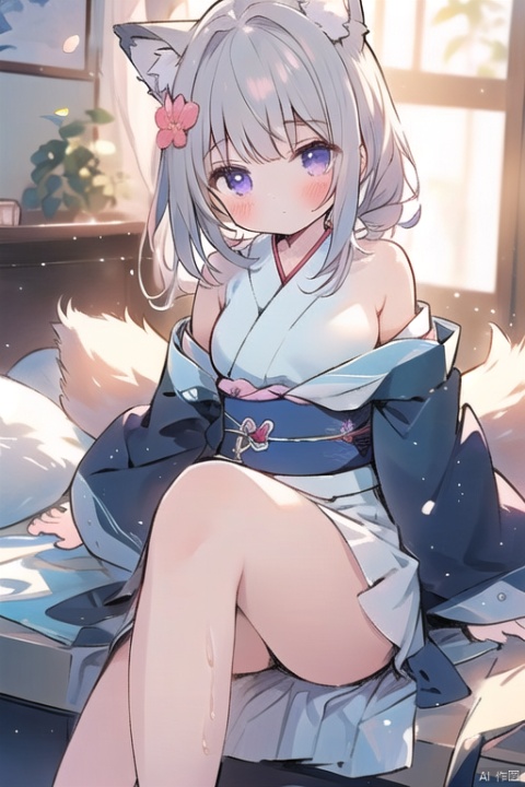 1girl, solo, long hair, breasts, looking at viewer, bangs, hair ornament, animal ears, bare shoulders, sitting, closed mouth, purple eyes, tail, flower, grey hair, thighs, small breasts, japanese clothes, open clothes, indoors, hair flower, kimono, off shoulder, flat chest, animal ear fluff, fox ears, window, fox tail, crossed legs, fox girl, blue kimono, hair censor, hair over breasts, shinano \(azur lane\)