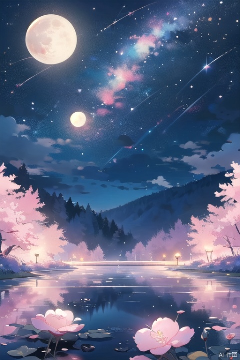  moon,outdoors,full moon,night，flowers，Cherry blossoms，sky，tree，pink flower around，night sky，no human,masterpiece，illustration，extremely fine and beautiful，perfect details，stream