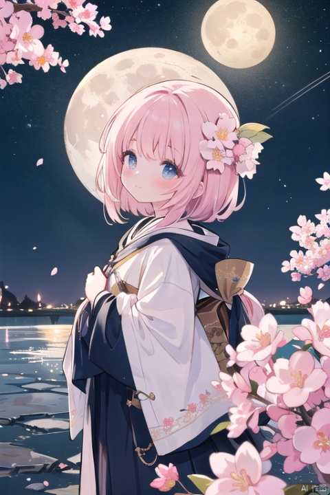  moon,outdoors,full moon,night，flowers，Cherry blossoms，sky，tree，pink flower around，night sky，no human，masterpiece，illustration，extremely fine and beautiful，perfect details，stream