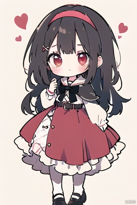  1girl, loli,small head,solo, long hair, looking at viewer, blush, bangs, skirt, simple background, brown hair, shirt, red eyes, long sleeves, long dress, bow, ribbon, very long hair, closed mouth, standing, full body, hair ribbon, white shirt, pantyhose, hairband, frills, shoes, belt, chibi, black footwear, red bow, black pantyhose, capelet, brown background, red hairband, notice lines, red capelet, cozy anime