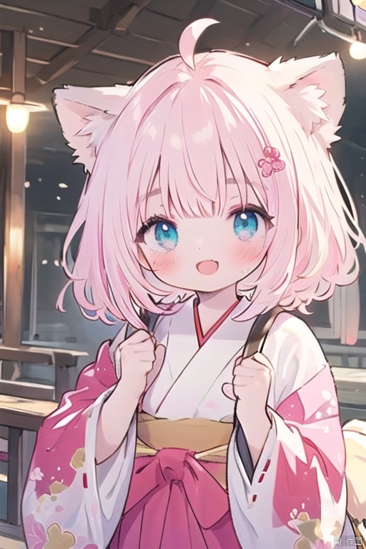 1girl, solo, long hair, blush, smile, open mouth, animal ears, closed eyes, pink hair, braid, white hair, multicolored hair, japanese clothes, fang, virtual youtuber, animal ear fluff, fox ears, ribbon trim, facing viewer, ribbon-trimmed sleeves, miko