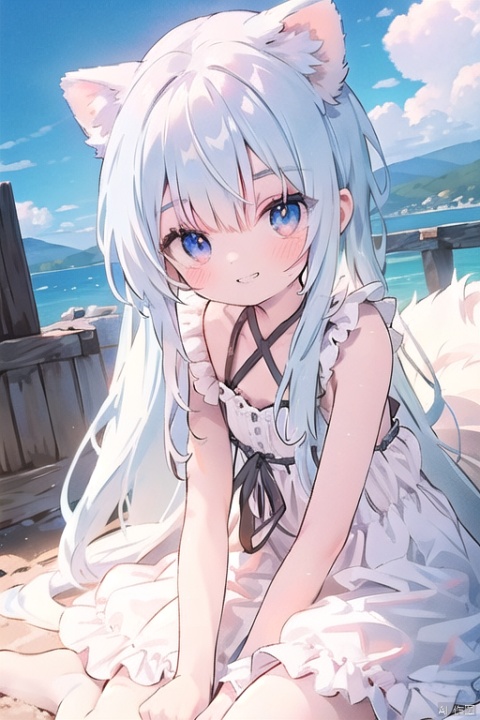  1girl, solo, long hair, animal ears, smile, animal ear fluff, dress, grin, looking at viewer, very long hair, bangs, sky, water, sleeveless, hair between eyes, blue eyes, white dress, day, tail, blue sky, white hair, sleeveless dress, blush, outdoors, fox ears, cloud, ears down, cuteloli, cozy anime