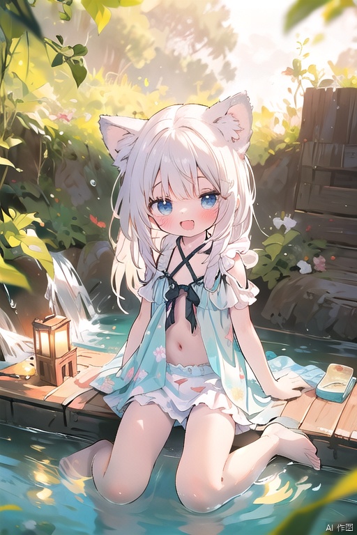  open mouth,full body,petite,seductive smile,open mouth,(loli_1.4),(chibi_0.4),medium breasts,_bare should,fox ears,blue eyes,play with/in water,onsen，underwear, sidelocks, multicolo
