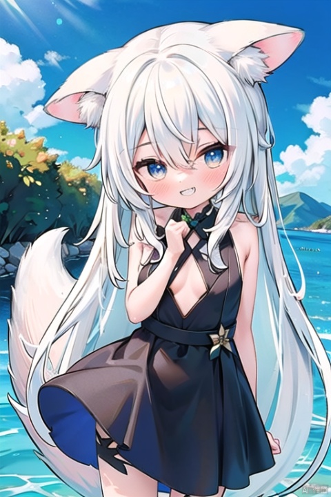  1girl, solo, long hair, animal ears, smile, animal ear fluff, dress, grin, looking at viewer, very long hair, bangs, sky, water, sleeveless, hair between eyes, blue eyes, white dress, day, tail, blue sky, white hair, sleeveless dress, blush, outdoors, fox ears, cloud, ears down, breast curtains