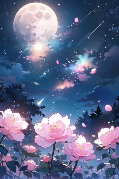 moon,outdoors,full moon,night,flower,cherry blossoms,sky,tree,pink flower flying around,night sky,no humans,masterpiece,illustration,extremely fine and beautiful,perfect details,stream,
