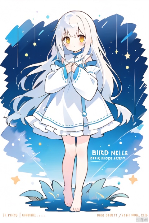 1girl, solo, long hair, looking at viewer, blush, bangs, long sleeves, dress, standing, full body, yellow eyes, white hair, frills, barefoot, wide sleeves, white dress,  sleeves past wrists, bare legs, copyright name, bird, hair intakes, sleeves past fingers