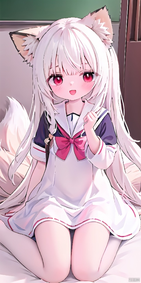  1girl,solo,looking up,open mouth,smile,red eyes,full body,sitting on bed,in room,school uniform,sailor,detail dress,a gorgeous dress,(hairbow:1.2),ribbon,hair_ribbon,hairpin,white hair,(fox ears:1.3),very long hair, cozy anime,smug, cuteloli