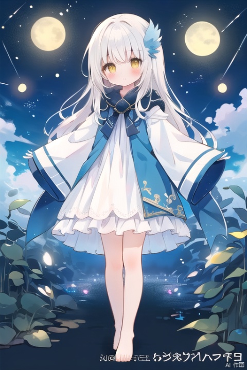 1loli, solo, long hair, looking at viewer, blush, bangs, long sleeves, dress, standing, full body, yellow eyes, white hair, frills, barefoot, wide sleeves, white dress,  sleeves past wrists, bare legs, copyright name, bird, hair intakes, sleeves past fingers