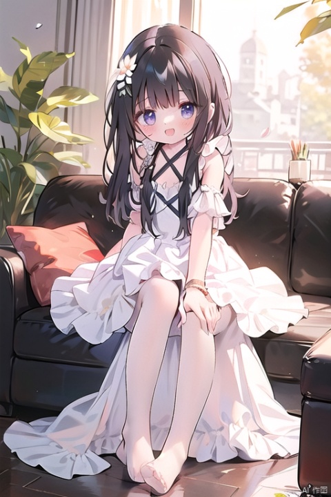  open mouth,full body,petite,seductive smile,open mouth,(loli_1.4),medium breasts,_bare should,nahida, flower, looking at viewer, wedding dress, purple flower, petals, hair ornament, white dress, bouquet, couch, nahida