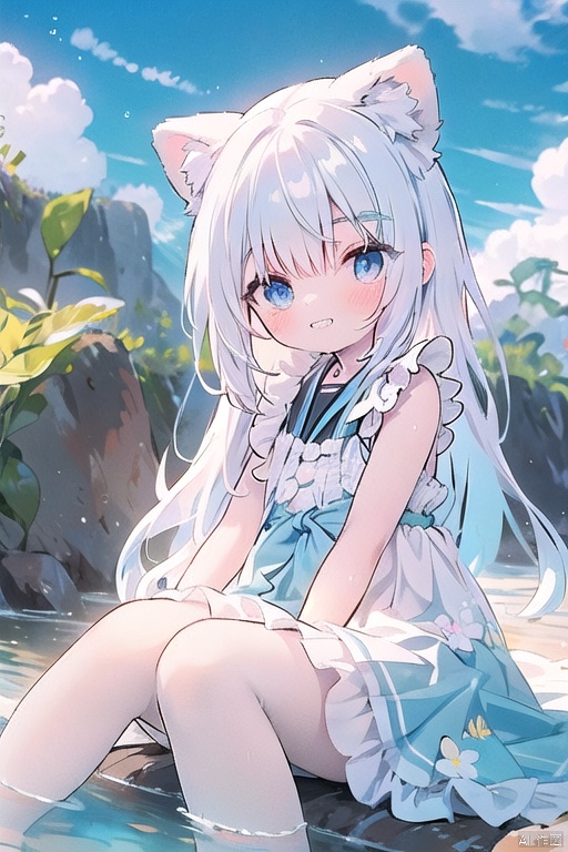  1girl, solo, long hair, animal ears, smile, animal ear fluff, dress, grin, looking at viewer, very long hair, bangs, sky, water, sleeveless, hair between eyes, blue eyes, white dress, day, tail, blue sky, white hair, sleeveless dress, blush, outdoors, fox ears, cloud, ears down, cuteloli, cozy anime