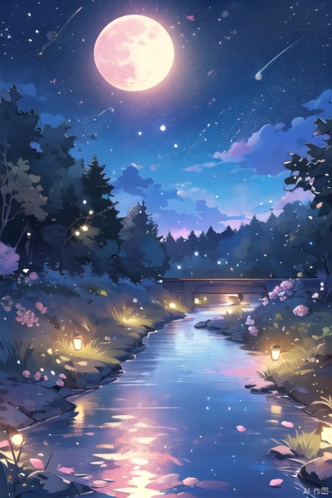  outdoors,full moon,night,flower,cherry blossoms,sky,tree,pink flower flying around,night sky,no humans,masterpiece,illustration,extremely fine and beautiful,perfect details,stream,
