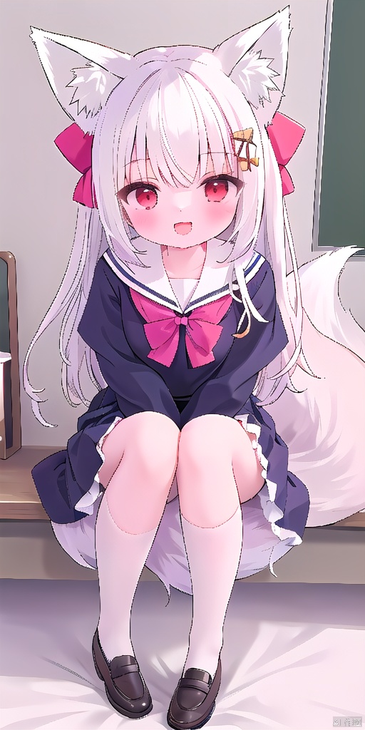  1girl,solo,looking up,open mouth,smile,red eyes,full body,sitting on bed,in room,school uniform,sailor,detail dress,a gorgeous dress,(hairbow:1.2),ribbon,hair_ribbon,hairpin,white hair,(fox ears:1.3),very long hair,