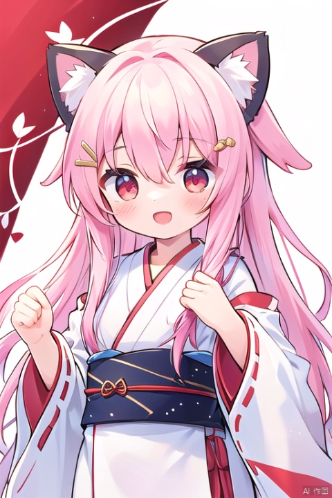 1girl, solo, long hair, blush, smile, open mouth, bangs, hair ornament, red eyes, long sleeves, white background, animal ears, hair between eyes, very long hair, upper body, pink hair, :d, japanese clothes, hairclip, virtual youtuber, cat ears, hand up, wide sleeves, kimono, chibi, animal ear fluff, sleeves past wrists, looking away, traditional media, looking up, ribbon trim, sleeves past fingers, ribbon-trimmed sleeves, white kimono, miko, shiina yuika