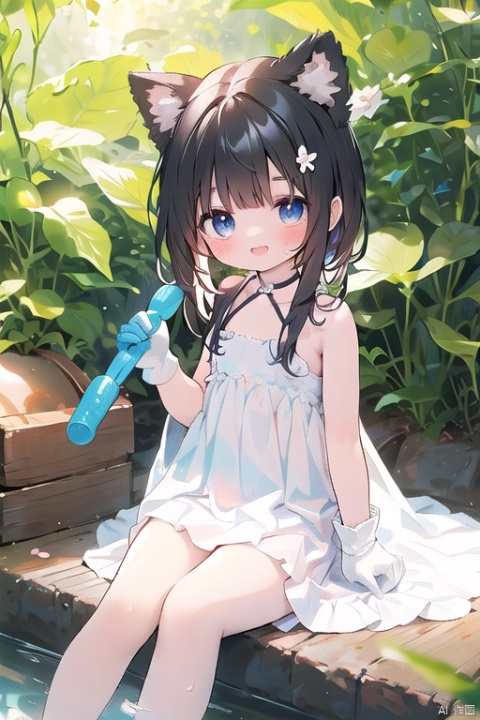  open mouth,full body,petite,seductive smile,open mouth,(loli_1.4),(chibi_0.4),medium breasts,_bare should,fox ears,blue eyes,play with/in water,onsen, 1girl, dress, solo, nahida, flower, looking at viewer, wedding dress, gloves, purple flower, smile, petals, elbow gloves, hair ornament, white dress, bare shoulders, white gloves, holding, bouquet, collarbone, strapless dress, couch, strapless,happy,full_body