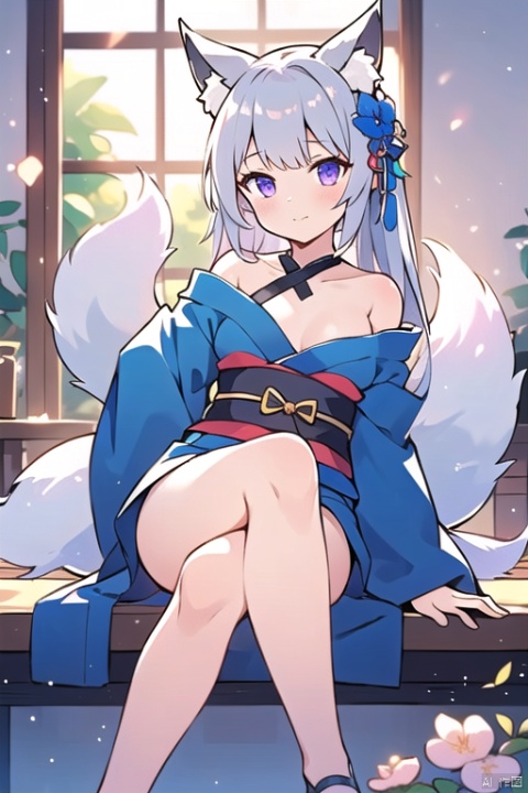  1girl, solo, long hair, breasts, looking at viewer, bangs, hair ornament, animal ears, bare shoulders, sitting, closed mouth, purple eyes, tail, flower, grey hair, thighs, small breasts, japanese clothes, open clothes, indoors, hair flower, kimono, off shoulder, flat chest, animal ear fluff, fox ears, window, fox tail, crossed legs, fox girl, blue kimono, hair censor, hair over breasts, shinano \(azur lane\)