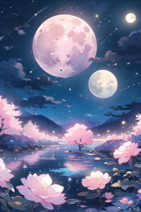 moon,outdoors,full moon,night,flower,cherry blossoms,sky,tree,pink flower flying around,night sky,no humans,masterpiece,illustration,extremely fine and beautiful,perfect details,stream,
