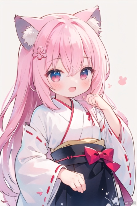 1girl, solo, long hair, blush, smile, open mouth, bangs, hair ornament, red eyes, long sleeves, white background, animal ears, hair between eyes, very long hair, upper body, pink hair, :d, japanese clothes, hairclip, virtual youtuber, cat ears, hand up, wide sleeves, kimono, chibi, animal ear fluff, sleeves past wrists, looking away, traditional media, looking up, ribbon trim, sleeves past fingers, ribbon-trimmed sleeves, white kimono, miko, shiina yuika