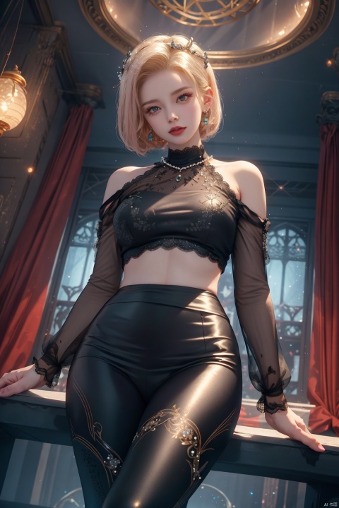 In a surreal 8K CG masterpiece, Android 18 stands elegantly in movie lighting, her flawless face and beautiful features accentuated by movie blooming. She wears black lace trimmed leggings, luxury jewelry adorns her neck, wrists, and hair accessories shimmer with diamonds, pearls, sapphires, rubies, and emeralds. Complex details and exquisite patterns on her attire create a charming, tempting, and erotic atmosphere. The shot frames her from the waist up, showcasing intricate designs and halos. Her long legs are elegantly posed, adding to the dreamlike, science fiction quality of the scene.