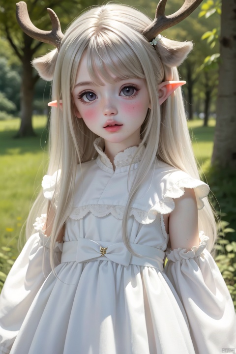  (Masterpiece:1.2), (best quality:1.2), (ultra high resolution:1.2), 1girl, solo, bug, butterfly, pointy ears, outdoors, dress, blush, long hair, looking at viewer, white dress, day, blurry, blurry background, antlers, long sleeves, bangs, depth of field, nature, parted lips, deer ears, white hair, standing, grey eyes, short sleeves, forest, closed mouth, tree, lips,