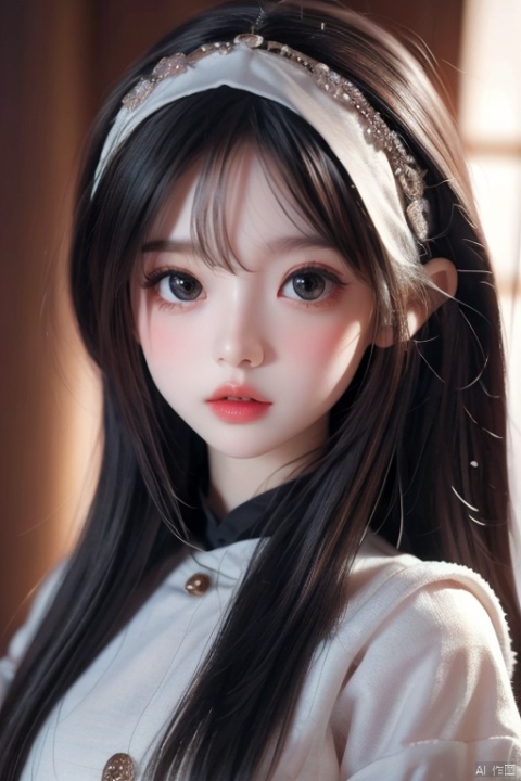 doll, real light, (background out of focus), (tilt shift blur),eyes out of focus, (masterpiece: 1.2), (best quality: 1.2), (ultra high resolution : 1.2), macro photography, photographic art, (matte texture: 1.1), small mouth, pout mouth,indoor
1 girl, solo,standing, black eyes, medieval dress, headscarf, retro, vintage clothing,