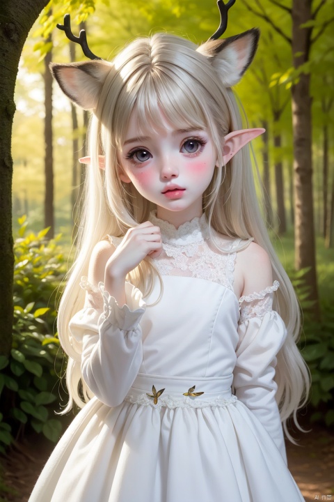 (Masterpiece:1.2), (best quality:1.2), (ultra high resolution:1.2), 1girl, solo, bug, butterfly, pointy ears, outdoors, dress, blush, long hair, looking at viewer, white dress, day, blurry, blurry background, antlers, long sleeves, bangs, depth of field, nature, parted lips, deer ears, white hair, standing, grey eyes, short sleeves, forest, closed mouth, tree, lips,