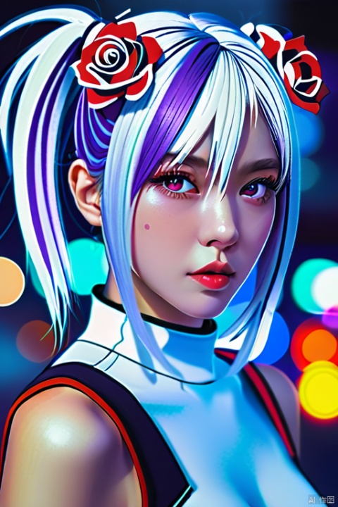  masterpiece, best quality, illustration, beautiful detailed eyes,colorful background,mechanical prosthesis,mecha coverage,emerging dark purple across with white hair,pig tails,disheveled hair,fluorescent purple,cool movement,rose red eyes,beatiful detailed cyberpunk city,multicolored hair,beautiful detailed glow,1 girl, expressionless,cold expression,insanity, long bangs,long hair, lace,dynamic composition, motion, ultra - detailed, incredibly detailed, a lot of details, amazing fine details and brush strokes, smooth, hd semirealistic anime cg concept art digital painting,
full_body, heibai, Light master, purdress