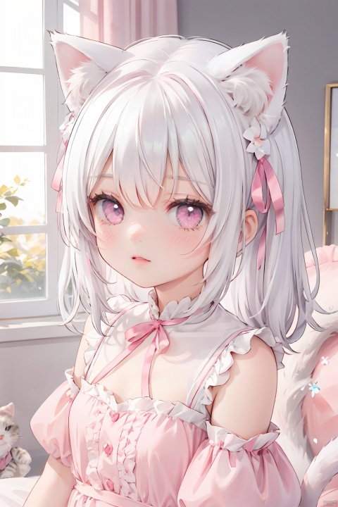kitten ears,cat tail,cute face,white hair,pink eyes,pink dress,ribbon