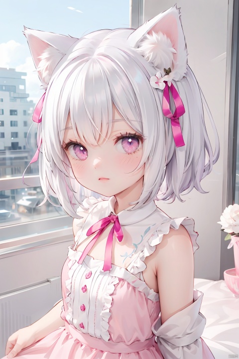 kitten ears,cat tail,cute face,white hair,pink eyes,pink dress,ribbon