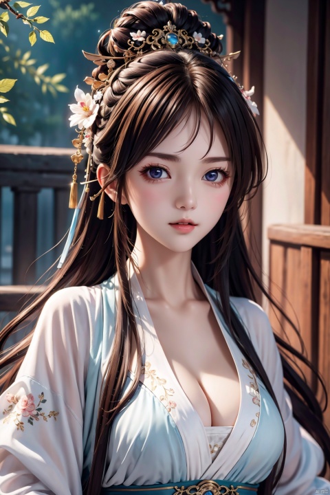  masterpiece,best quality,official art,extremely detailed CG unity 8k wallpaper, girl, solo, long hair, brown hair, brown eyes, medium breasts, random poss, chang,(cleavage:0.7)