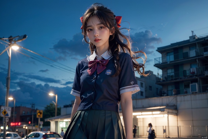  (8k, RAW photo, best quality, masterpiece:1.3),(realistic,photo-realistic:1.37),(night),(looking at viewer:1.331),(long hair),posing, new york, street,nightcityscape, , cyberpunk city,soft light,((1girl)),extremely beautiful face,bust,put down hands,Random hairstyle,Random expression,big eyes, ,lower abdomen,,(JK_suit),(JK_shirt),JK_style,(dark blue JK_skirt) ,(bow JK_tie),,mix4.,short-sleeved JK_shirt ,short-sleeved JK_sailor,JK_suit