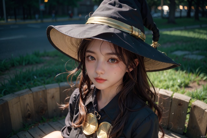 overhead angle shot,Red eyes, evil, golden, shiny, gold hair,High detailed ,midjourney,perfecteyes,Color magic,urban techwear,hmochako,better witch,witch, witch,Long hair ,long hair