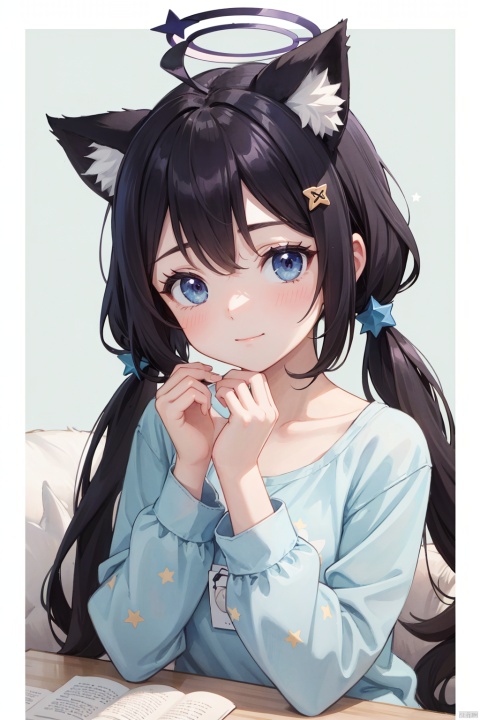  masterpiece, best quality,1girl, ,reisa \(blue archive\), star_\(symbol\), ahoge, star_hair_ornament, low_twintails,halo,(furry cat ears),(closed mouth),(v-shaped eyebrows:0.7),(happy:0.6),looking at viewer,upper body,hands trying to catch viewer,(loungewear:1.2),(pale blue loungewear:1.2),(oversized clothes:0.3),simple background with purple sketch border and simple pattern \(white theme\),simple background,border, (pastel colors style:0.7), watercolor \(medium\),