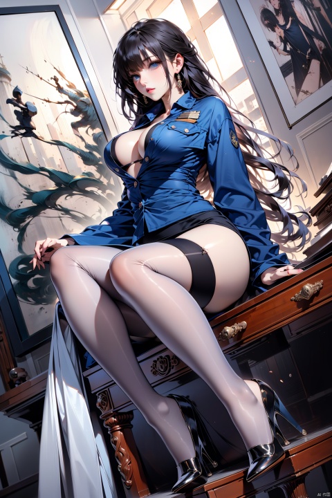 1 female. White long hair, blue eyes, sexy, beautiful, big breasts, long legs, round breasts, exposed clothing, wearing glasses, stockings, black silk, wearing police uniform, police uniform