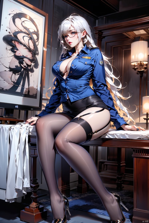 1 female. White long hair, blue eyes, sexy, beautiful, big breasts, long legs, round breasts, exposed clothing, wearing glasses, stockings, black silk, wearing police uniform, police uniform