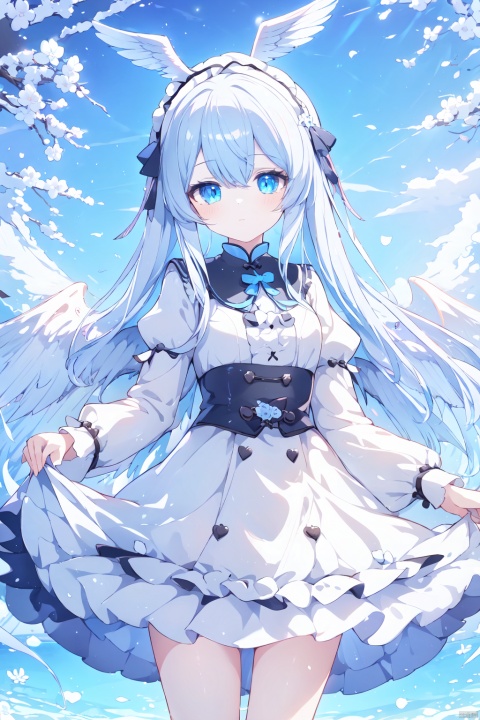  (wings:1.5),best quality, 1girl, animal ears, rabbit ears, solo, dress, blue eyes, long hair, mouth hold, grey hair, lolita fashion, looking at viewer, (\shen ming shao nv\), (\ji jian\), jiqing