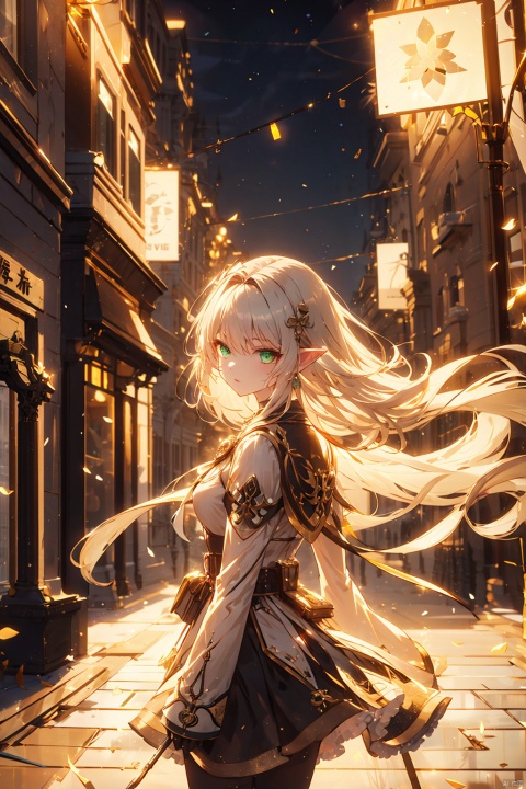  cropped background, (outside border), cropped torso,
1girl, solo, elf,
green eyes, (white hair), green gradient hair, (long hair), floating hair,
frilled shirt, capelet, long sleeves, pouch, belt, brooch,
chibi, upper body, walking, looking back, 
gothic architecture, street, pavement,
(depth of field), jiqing, (\shen ming shao nv\)